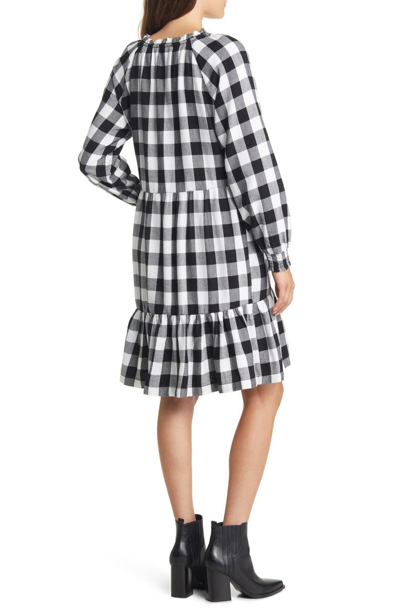 beachlunchlounge Plaid Ruffle Hem Long Sleeve Dress, Alternate, color, 