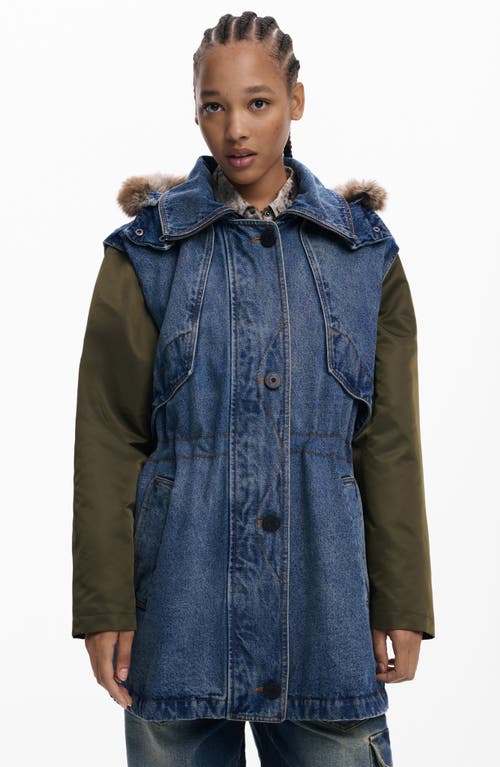 Desigual Denim Parka With Removable Hood & Sleeves In Blue