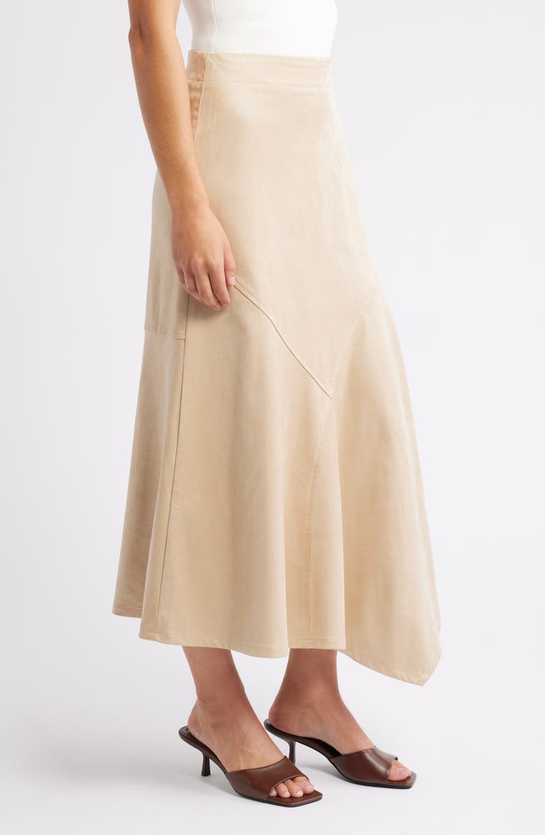 CITY BLUES Asymmetrical Hem Faux Suede Midi Skirt, Alternate, color, Champagne