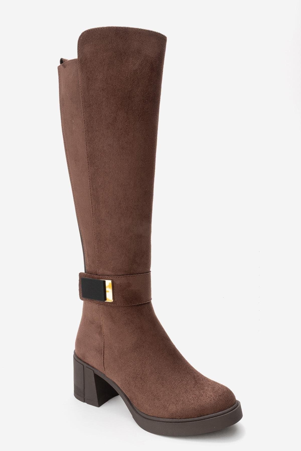 Moreni Stretch Buckle Block Heel Knee High Boot, Alternate, color, Brown Suede Faux Leather
