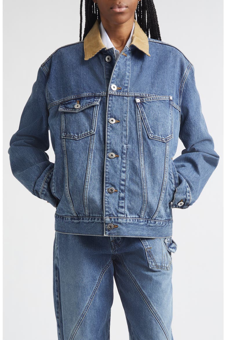 Corduroy Collar Denim Trucker Jacket, Main, color, MID BLUE