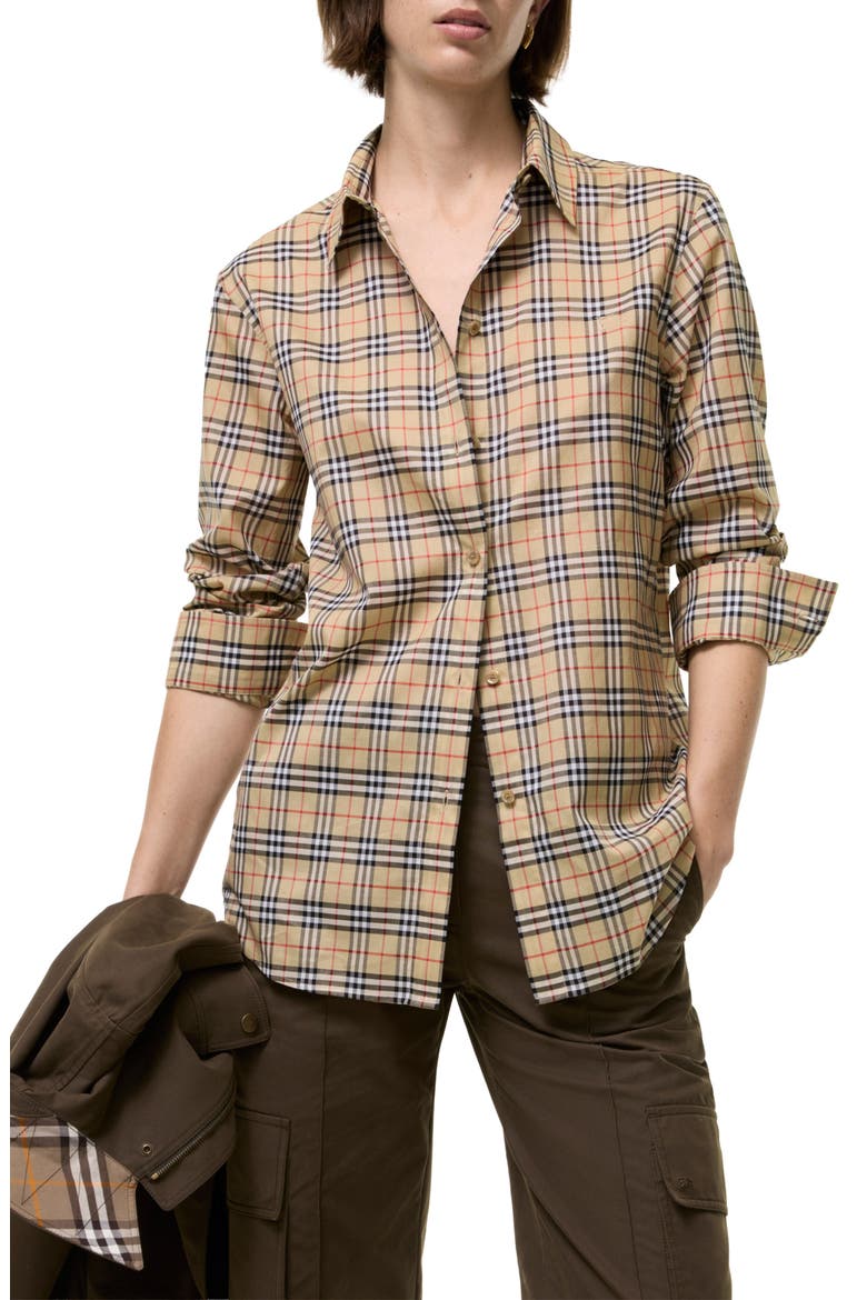 Emma Check Cotton Poplin Button-Up Shirt, Alternate, color, SAND IP CHECK