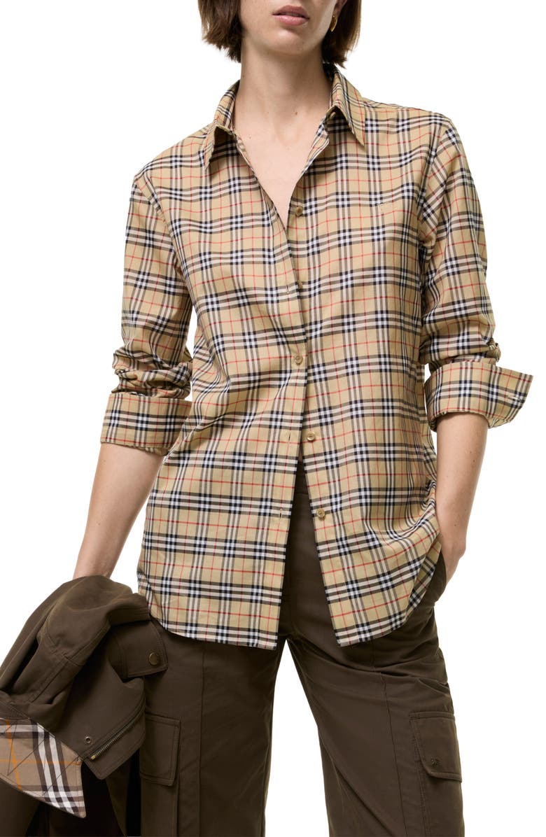 Burberry Emma Check Cotton Poplin Button-Up Shirt, Alternate, color, Sand Ip Check