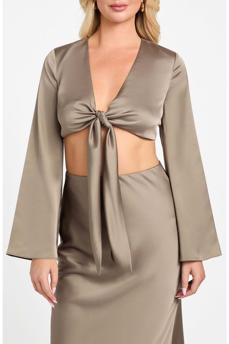Monica Tie Front Satin Crop Top, Main, color, BUFF TAUPE