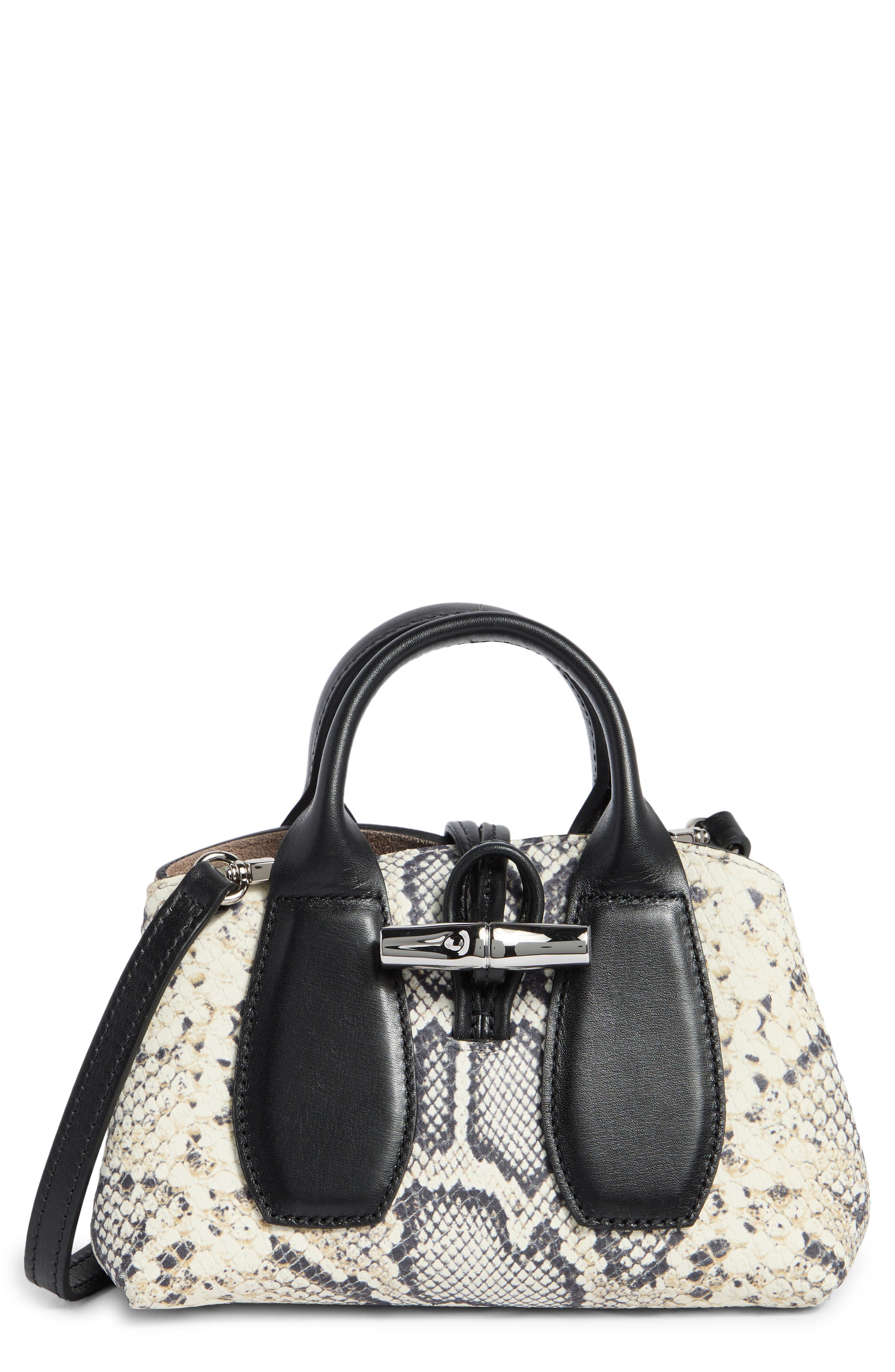 Longchamp Extra Small Roseau Snakeskin Print Leather Top Handle Bag, Main, color, Black/ White