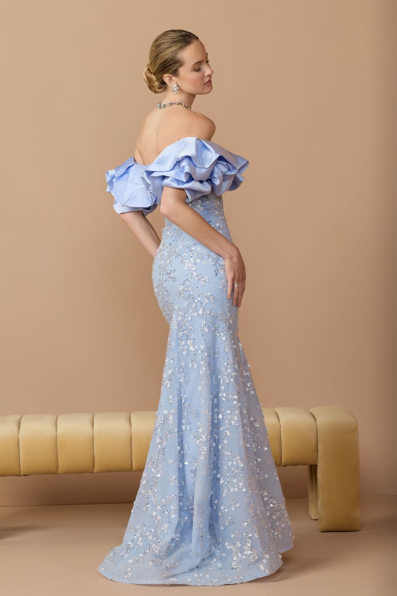 Beaded Applique Off The Shoulder Mermaid Gown, Alternate, color, Periwinkle