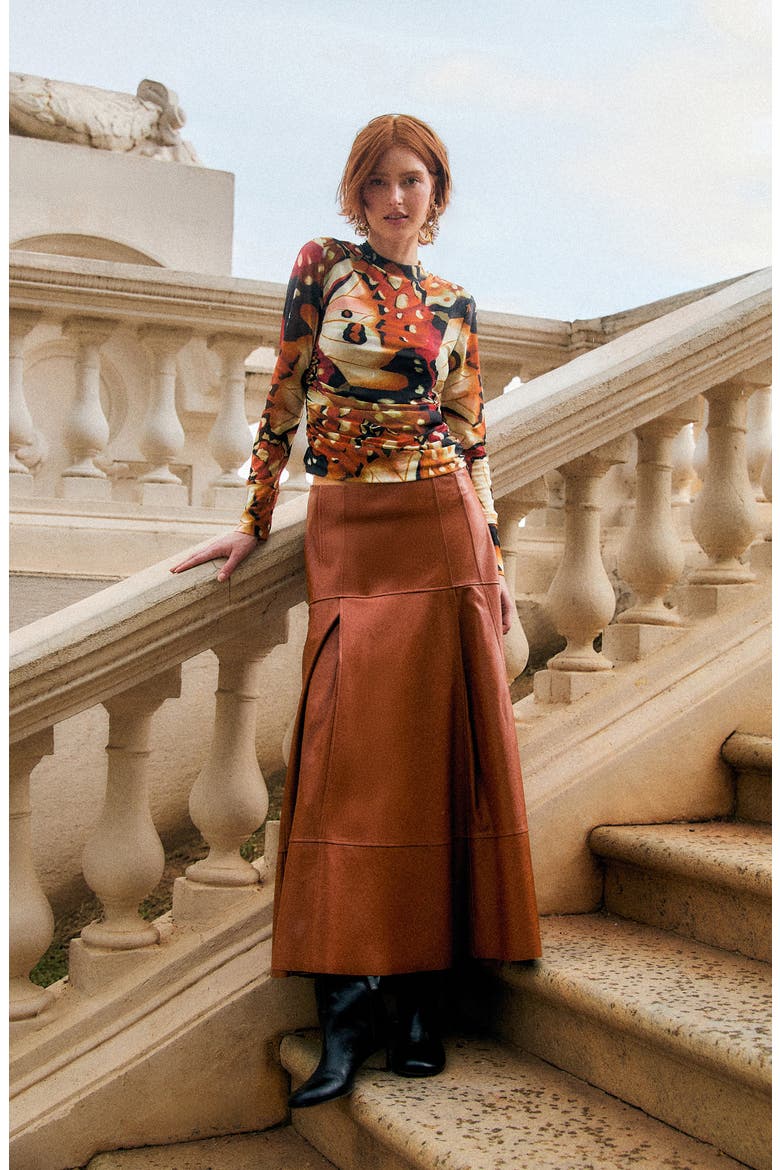 Leather Midi Skirt, Alternate, color, BROWN