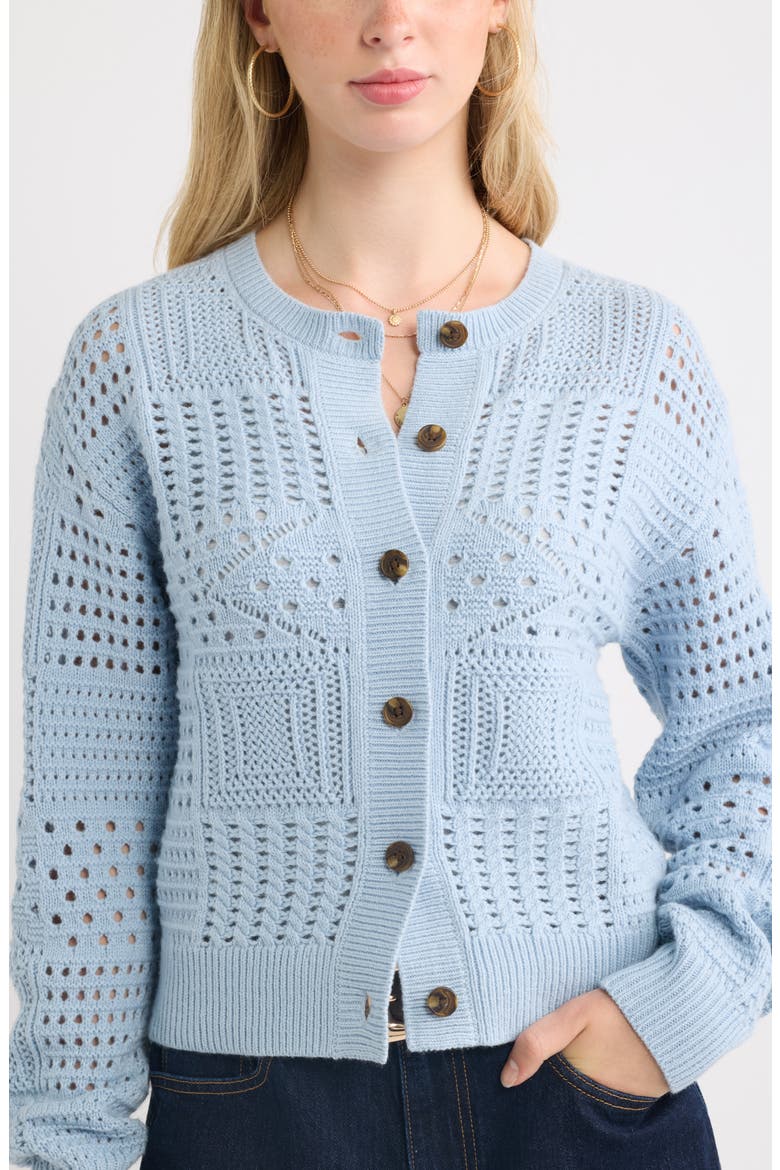 Patchwork Pointelle Cardigan, Alternate, color, BLUE FOG