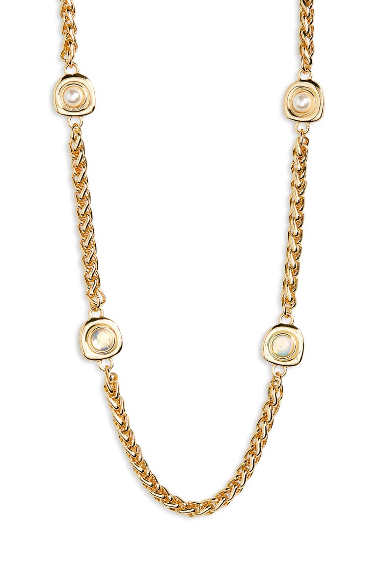 Faux Pearl Station Long Necklace, Main, color, CLEAR- WHITE- GOLD