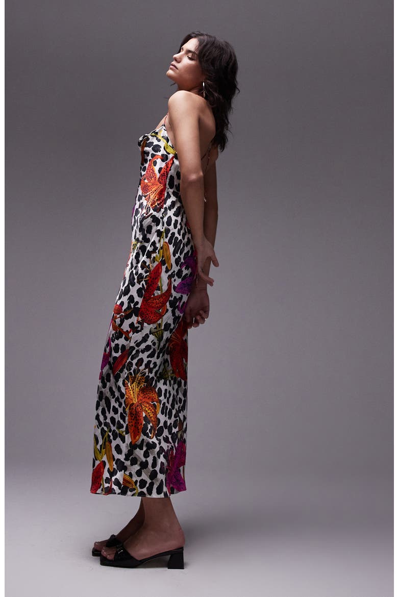 Print Cowl Neck Open Back Midi Slipdress, Alternate, color, WHITE MULTI
