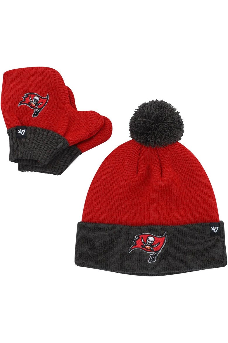 Infant '47 Red/Pewter Tampa Bay Buccaneers Bam Bam Cuffed Knit Hat with Pom and Mittens Set, Main, color, Red