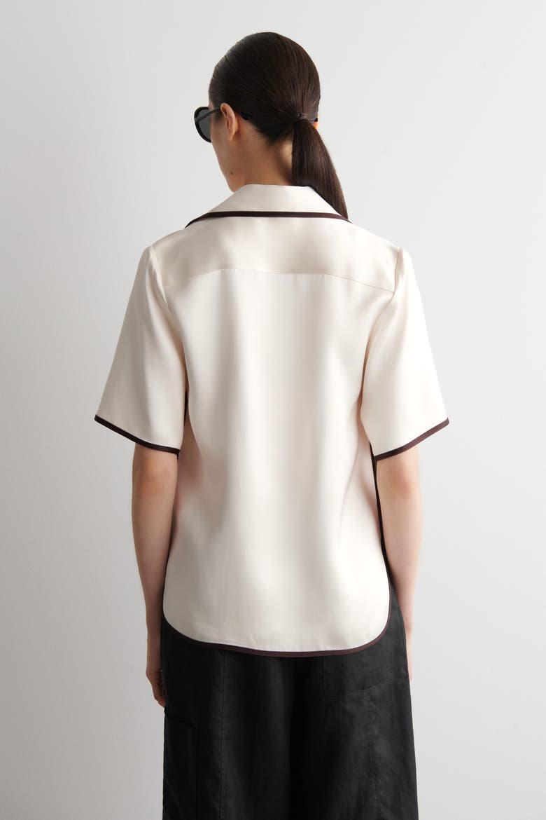 Contrast-piped Satin Shirt, Alternate, color, CREAM / BROWN