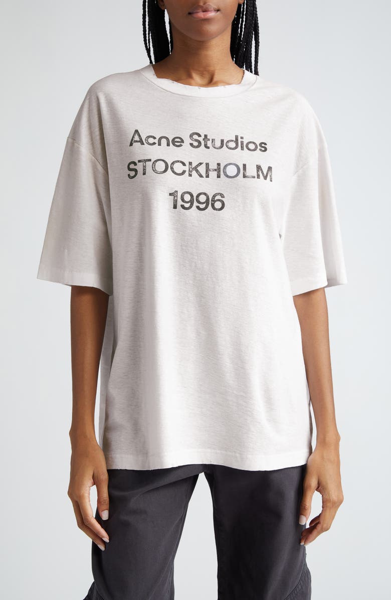 Acne Studios Exford 1996 Mélange Distressed Logo Cotton & Hemp Graphic T-Shirt, Main, color,