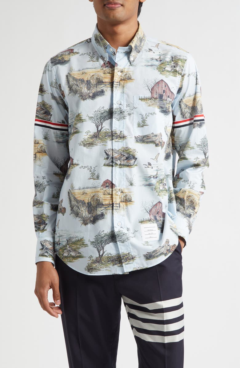Thom Browne Scenic Straight Fit Cotton Poplin Button-Down Shirt, Main, color, Seasonal Multi