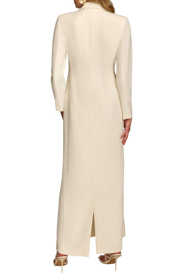 double breasted satin trimmed maxi coat dress Black Double-Breasted Satin Lapel High-Slit Maxi Blazer Dress