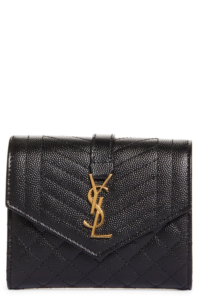 Saint Laurent Monogram Pebbled Leather Envelope Card Case, Main, color,