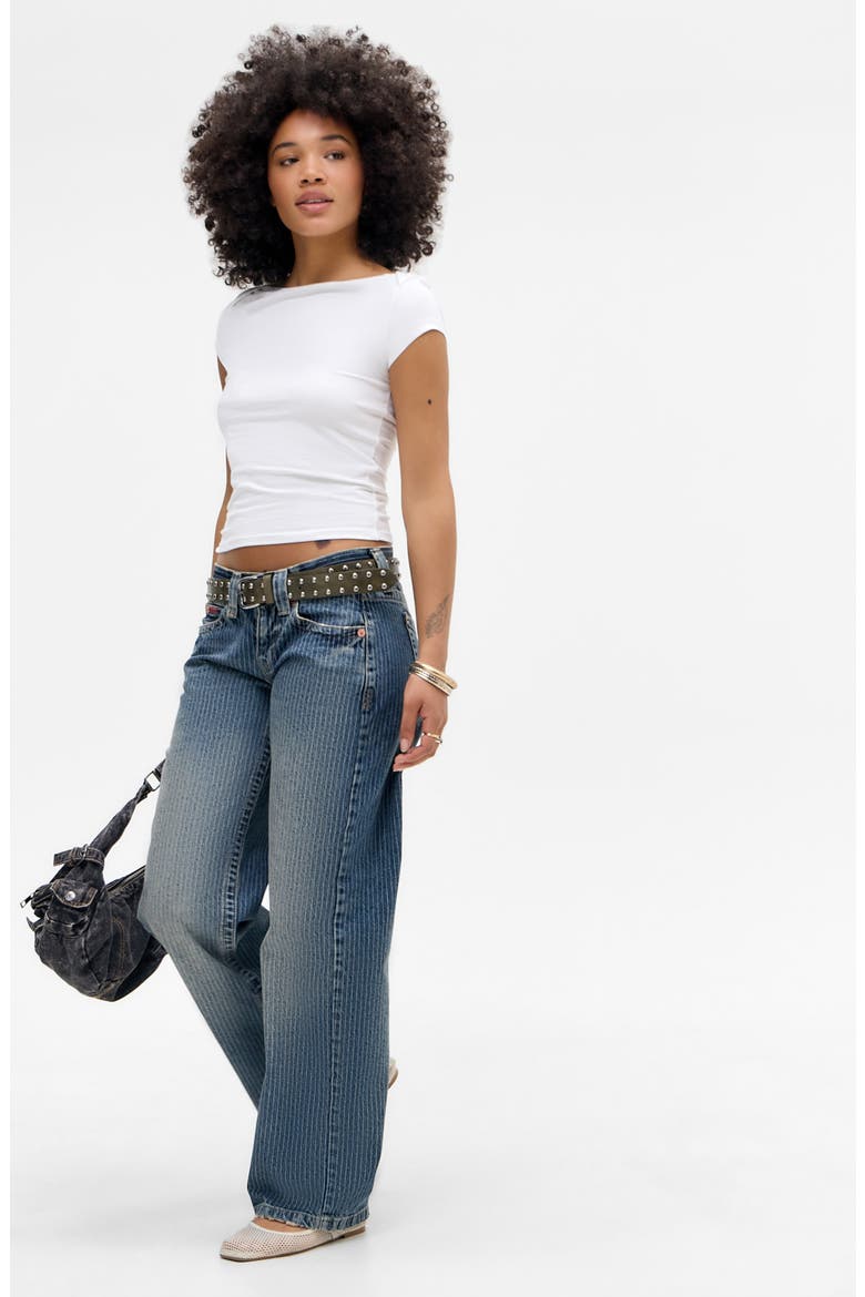 Kayla Pinstripe Low Rise Wide Leg Jeans, Alternate, color, BLUE