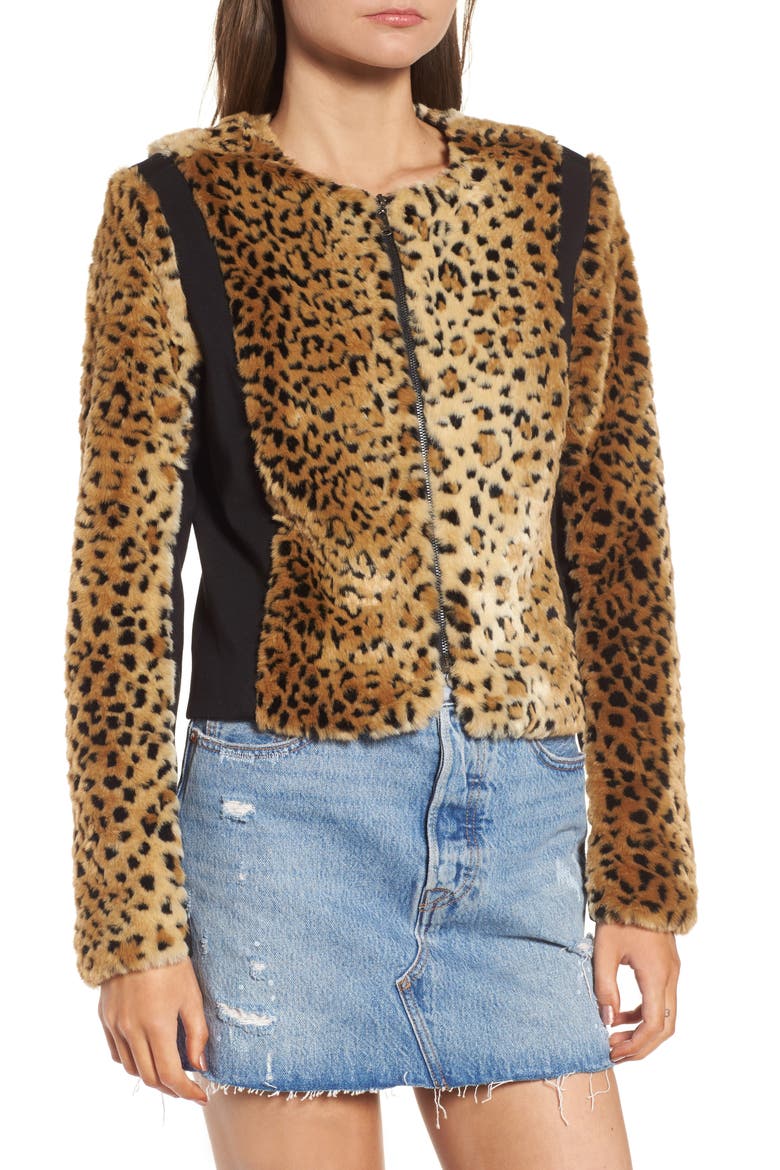 Faux Fur Leopard Jacket, Alternate, color, BEIGE/ BLACK