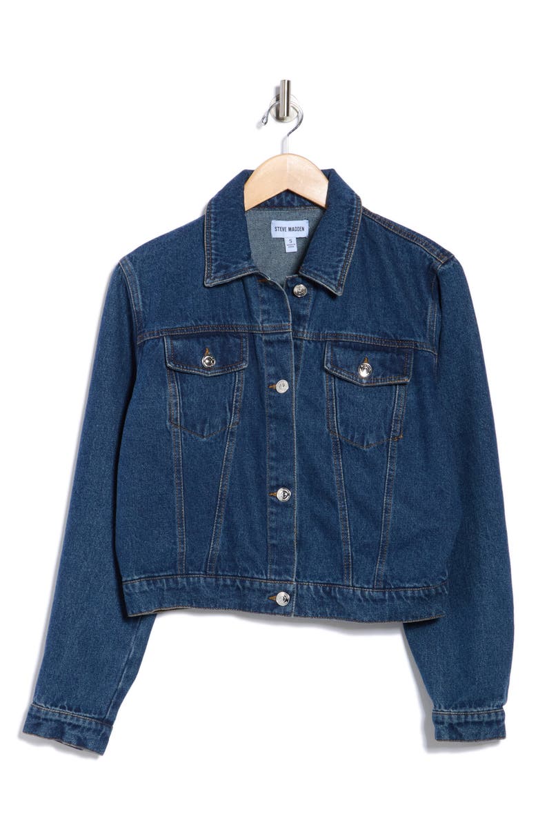 Steve Madden Crop Denim Jacket, Alternate, color, Dark Blue