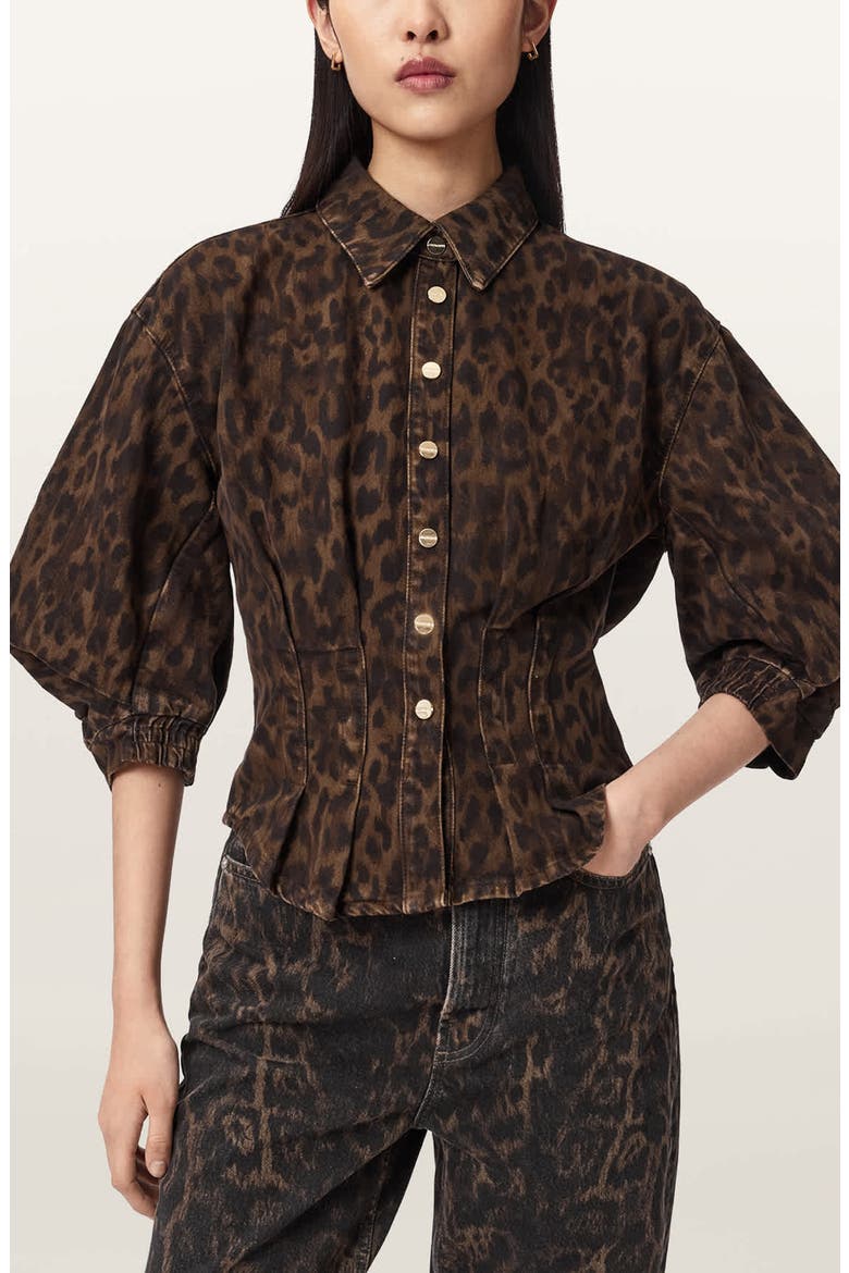 Nancy Bishop Sleeve Denim Top, Main, color, LEOPARD BROWN