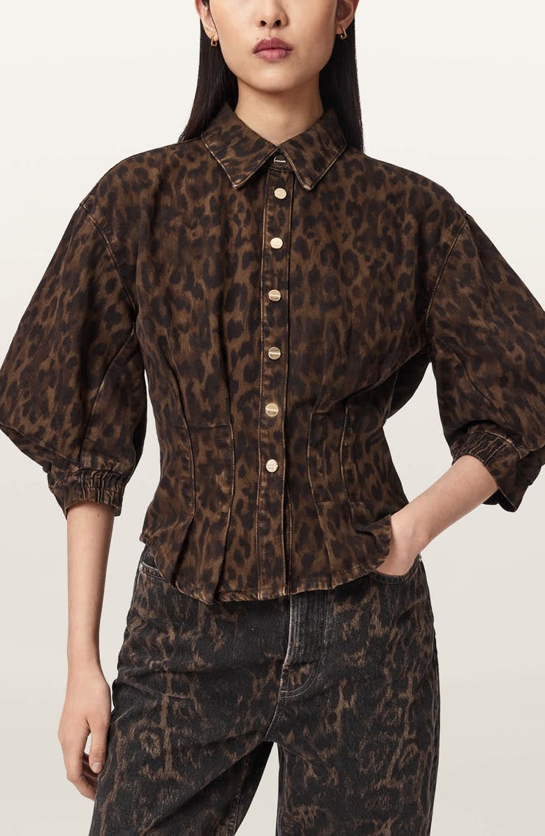 AllSaints Nancy Bishop Sleeve Denim Top, Main, color, Leopard Brown