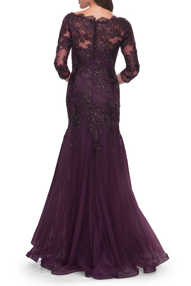 Mermaid Tulle and Lace Dress with Scallop Detailed Neckline, Alternate, color, Dark Berry