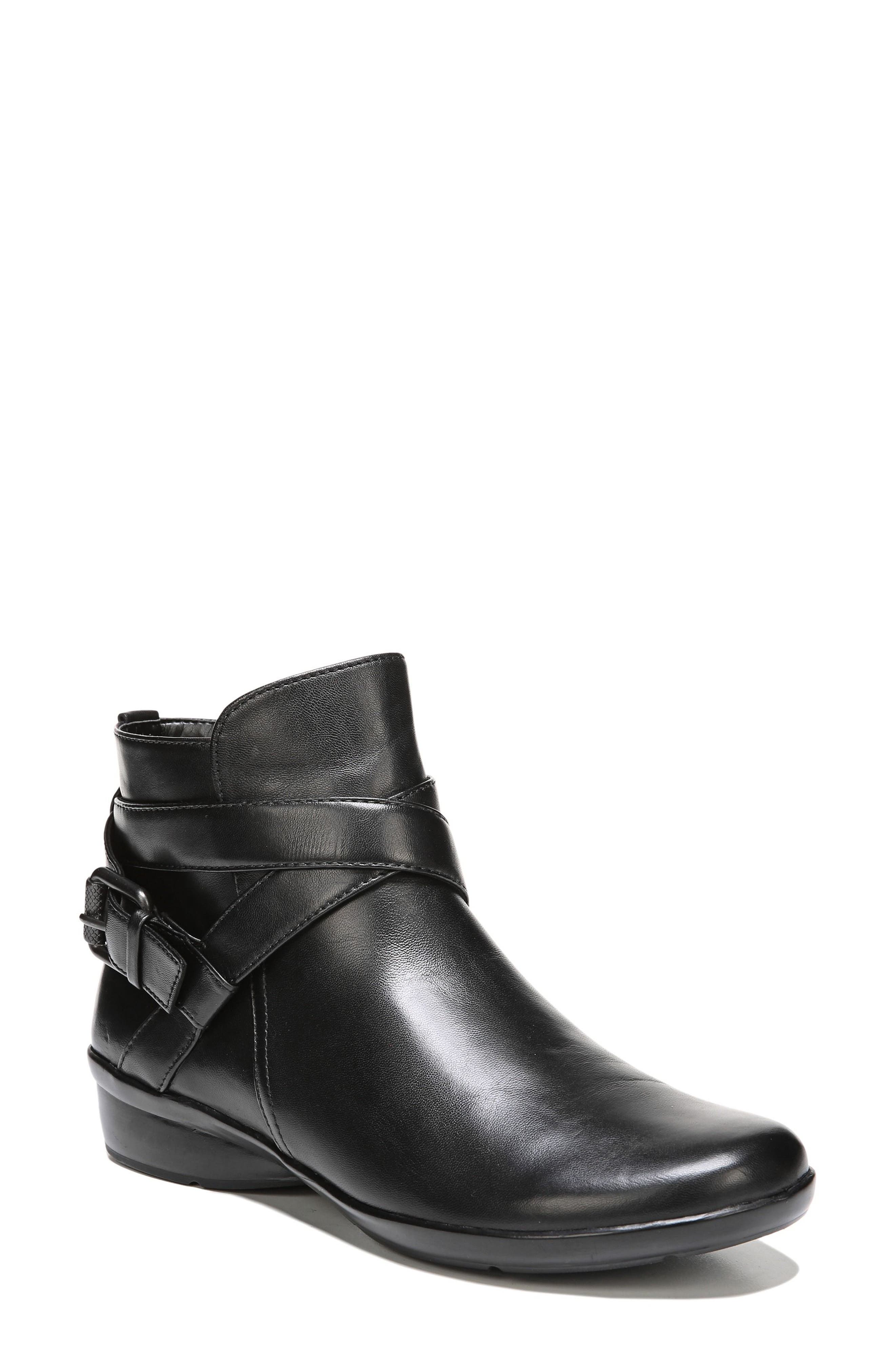 Cassandra Buckle Strap Bootie, Main, color, BLACK LEATHER