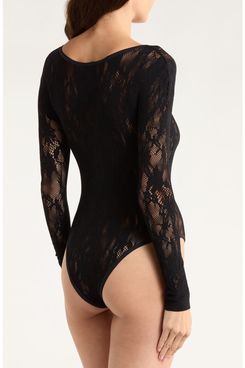 Floral Long Sleeve Seamless Bodysuit, Alternate, color, BLACK