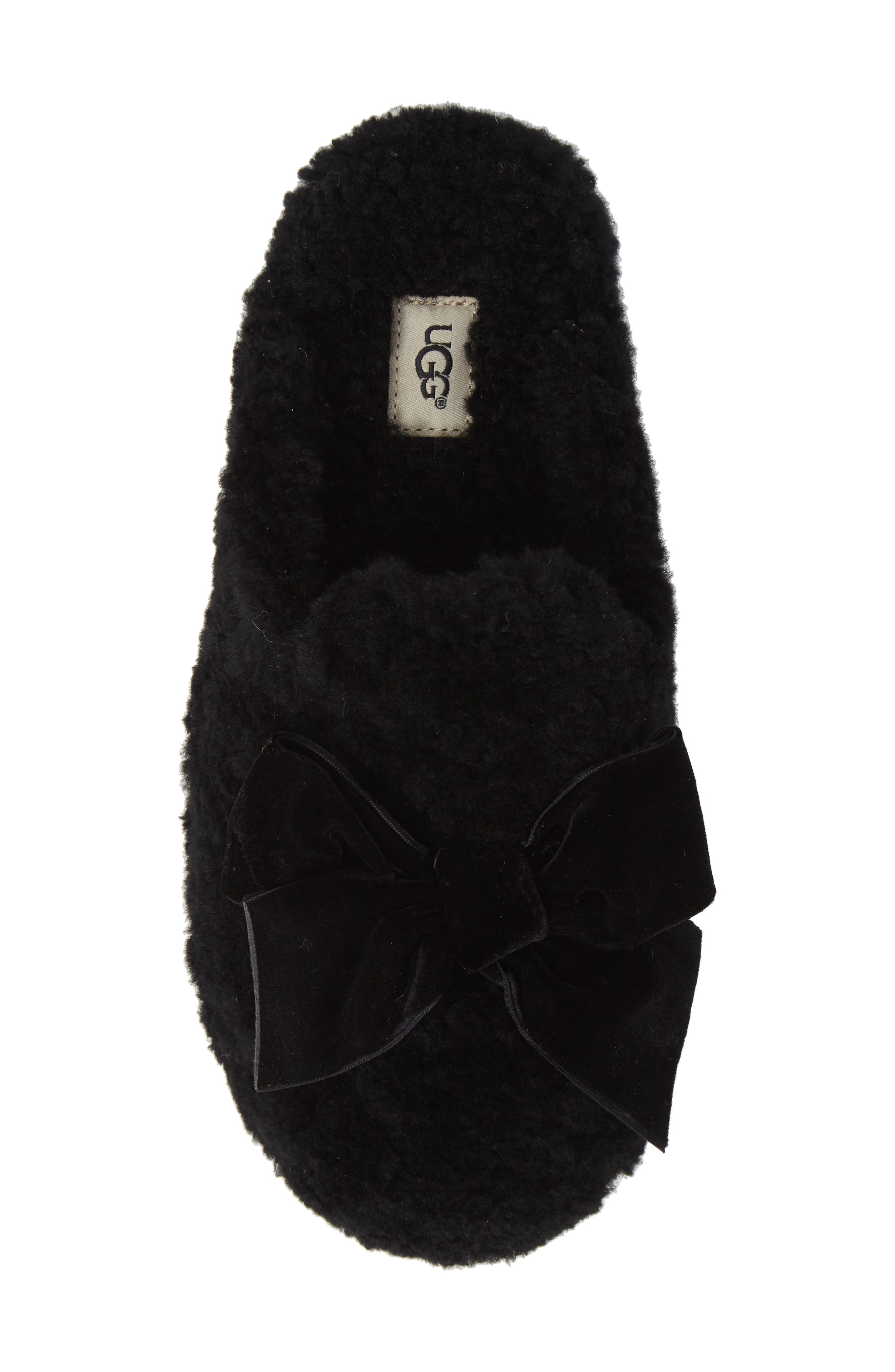 Addison Velvet Bow Genuine Shearling Slipper, Alternate, color, BLACK