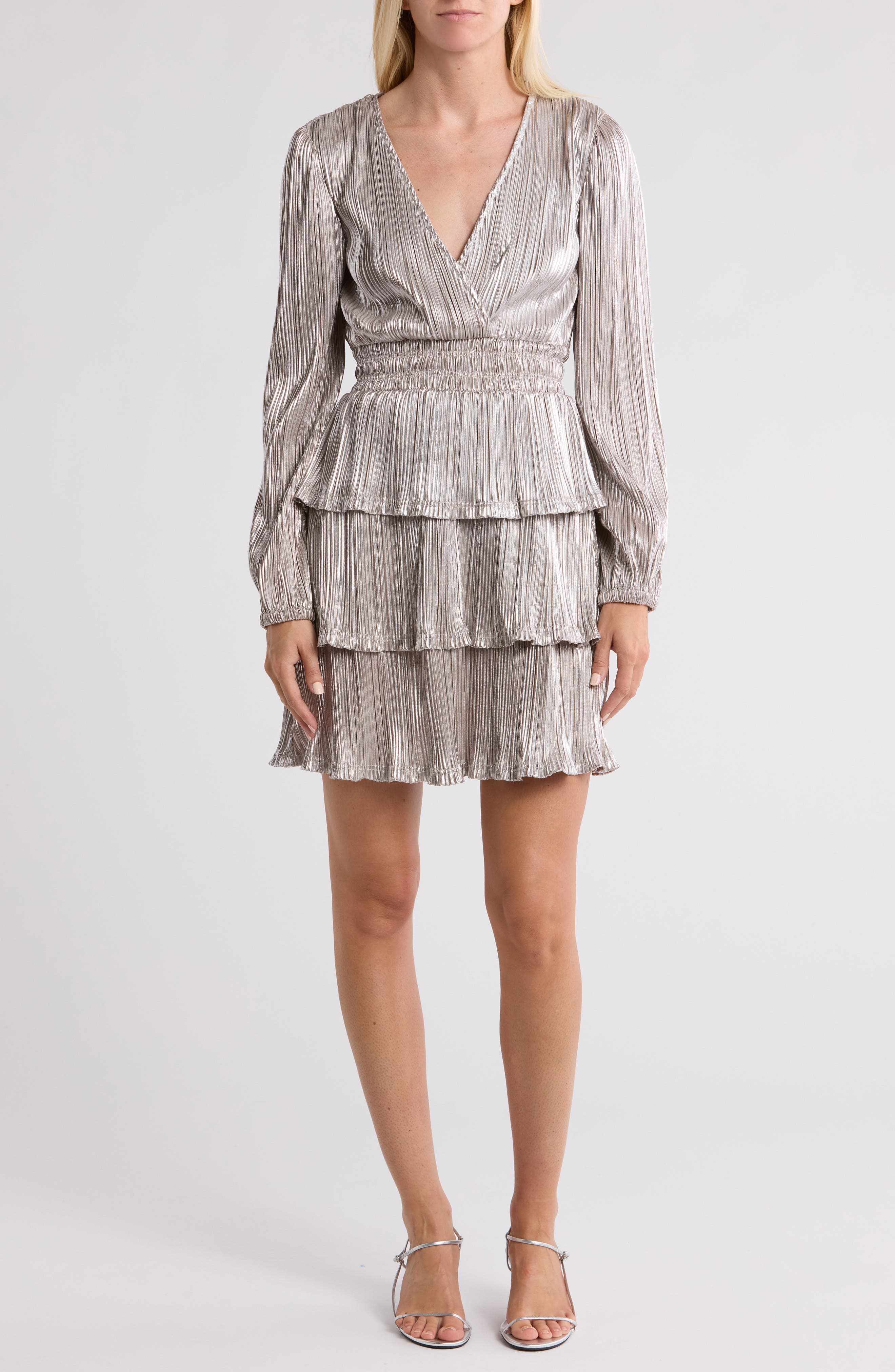WISHLIST Metallic Long Sleeve Ruffle Plissé Dress