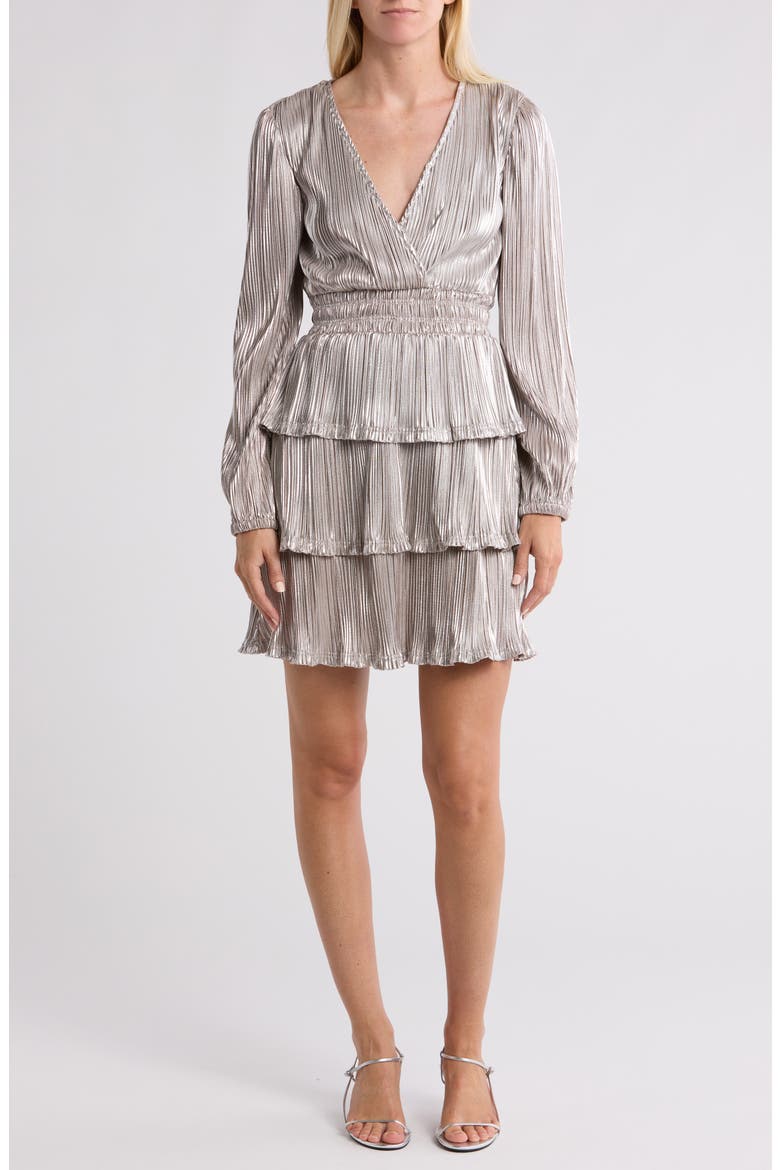 Metallic Long Sleeve Ruffle Plissé Dress, Main, color, WHITE GOLD