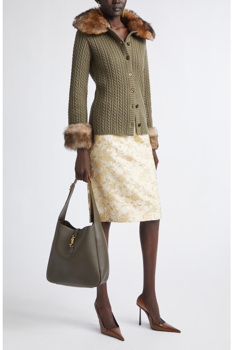 Genuine Shearling Trim Cashmere Cable Cardigan, Alternate, color, KAKI/ FAUVE