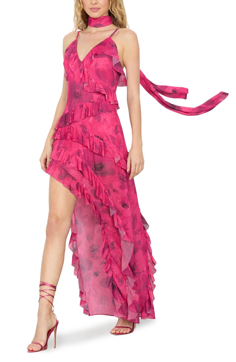 Alice + Olivia Nelia Ruffle Wrap Maxi Dress, Alternate, color, Floral Fling Raspberry