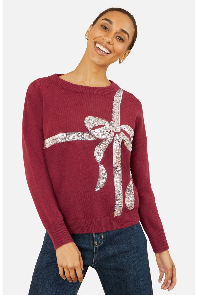 Sequin Bow Knitted Sweater, Main, color, Burgundy