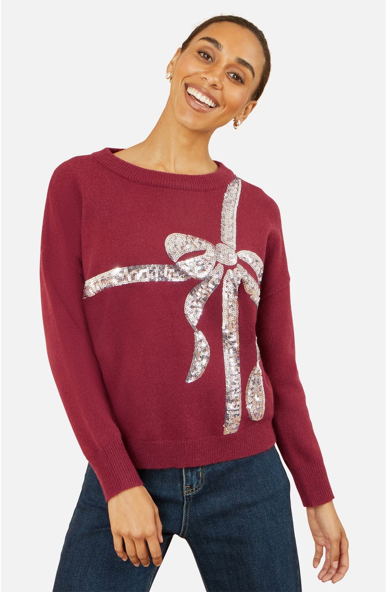 Yumi Sequin Bow Knitted Sweater, Main, color, Burgundy