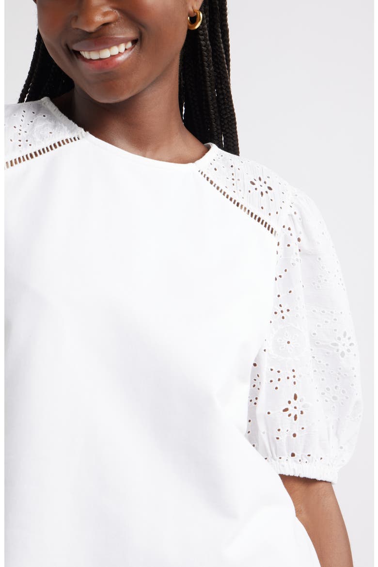 Eyelet Embroidered Puff Sleeve Top, Alternate, color, WHITE