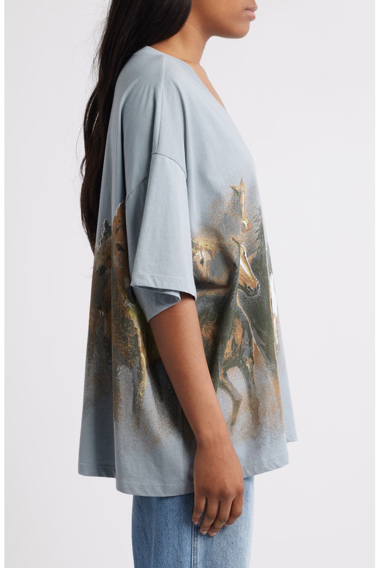 Wild Horses Oversize V-Neck Cotton Graphic T-Shirt, Alternate, color, LIGHT BLUE