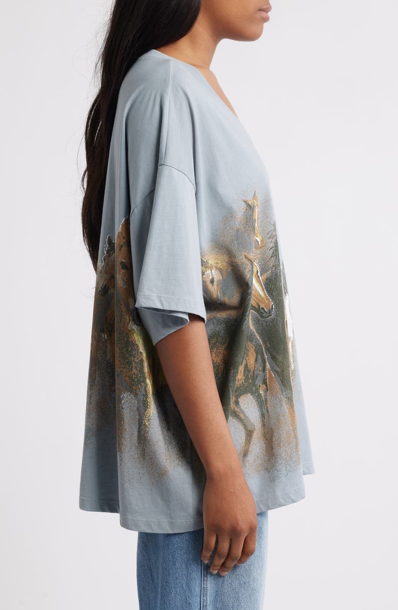 Daydreamer Wild Horses Oversize V-Neck Cotton Graphic T-Shirt, Alternate, color,