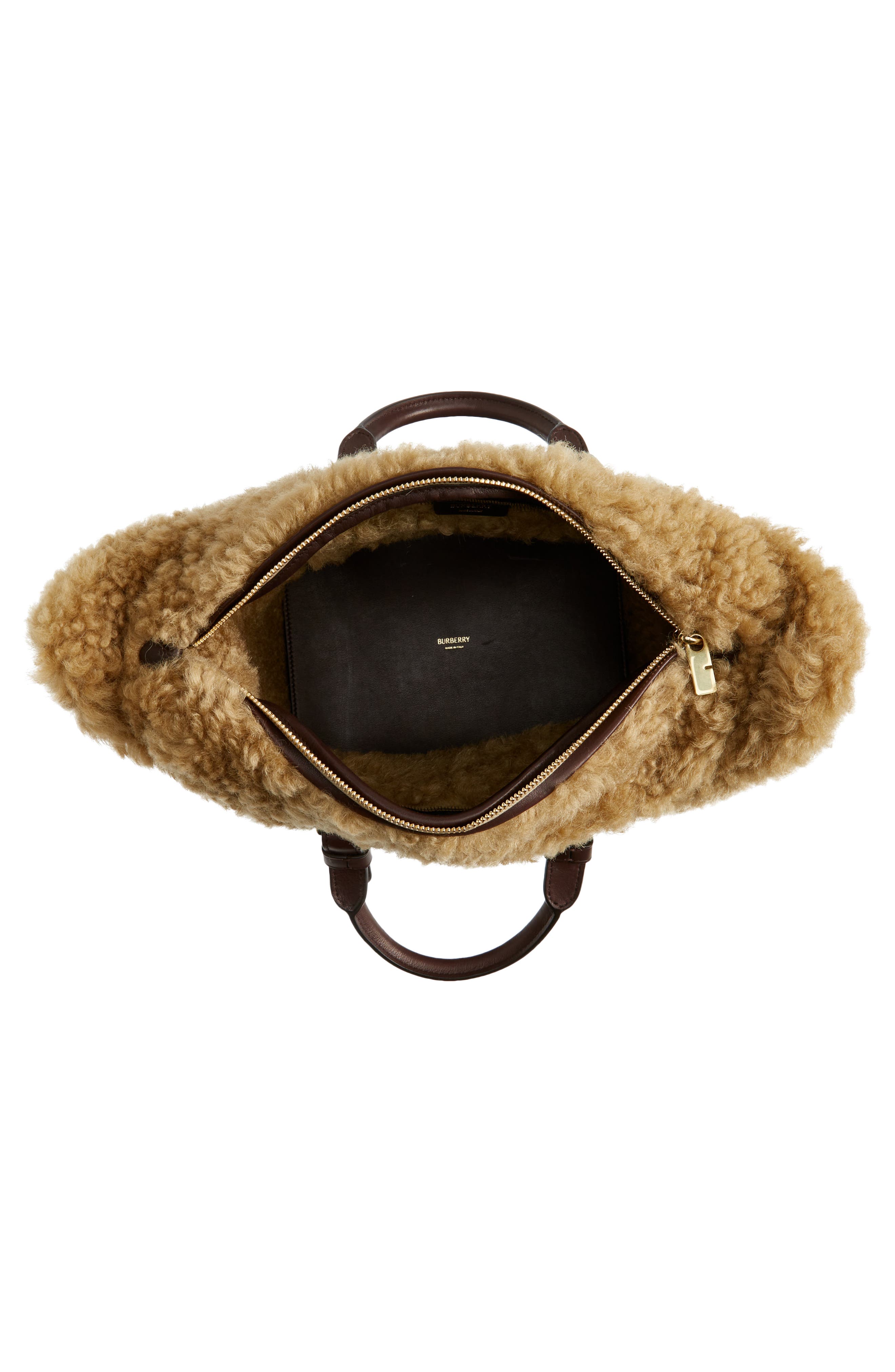 Burberry Small Shield Leather & Genuine Shearling Tote, Alternate, color, 