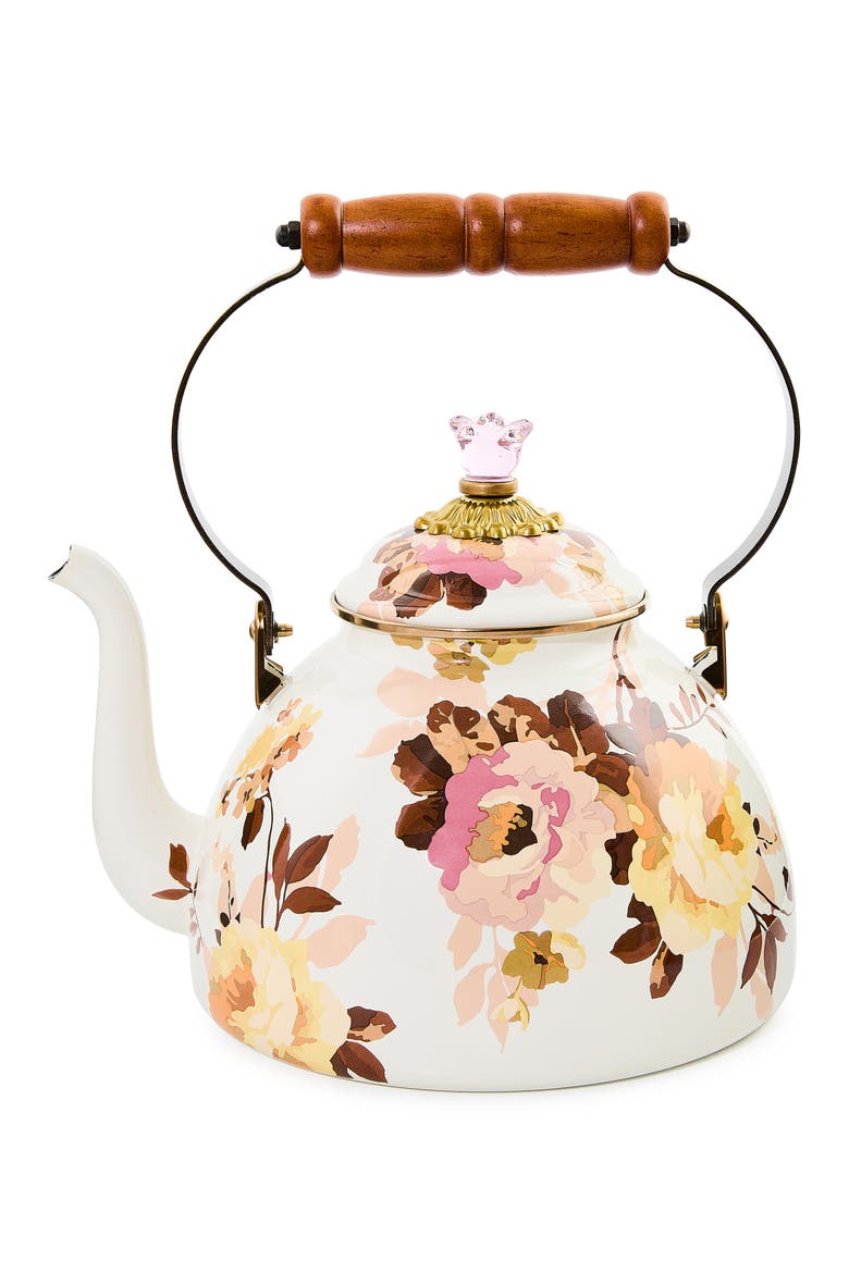 Wild Rose Enameled Steel 3-Quart Tea Kettle, Main, color, WHITE