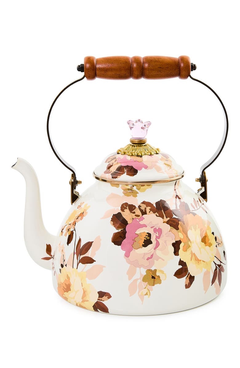 MACKENZIE CHILDS Wild Rose Enameled Steel 3-Quart Tea Kettle, Main, color, White