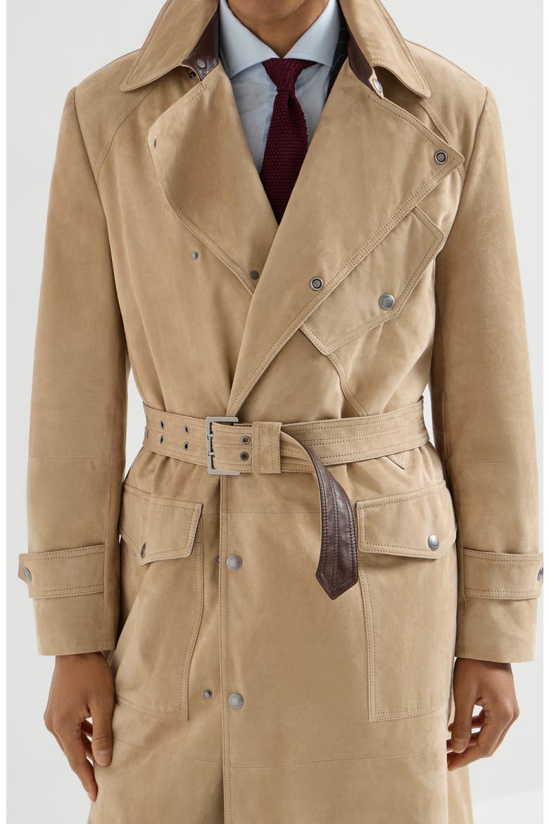 Suede motorcyle trench with nappa leather inserts, Alternate, color, Sand