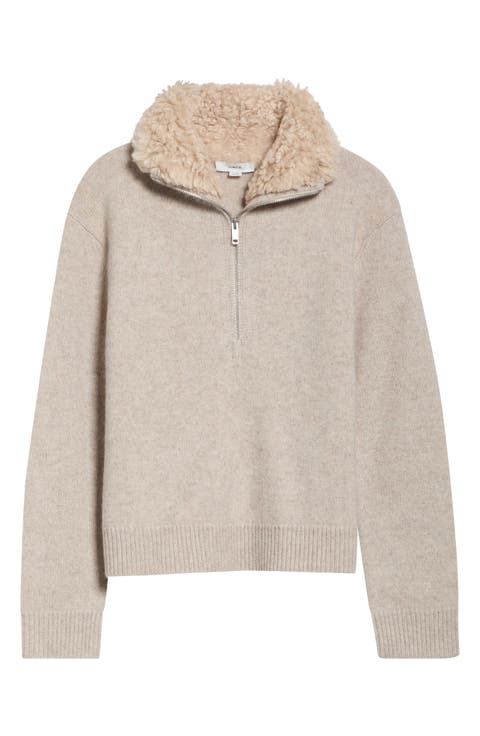 Faux Fur Collar Half Zip Sweater