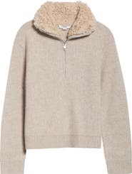 Vince Faux Fur Collar Half Zip Sweater