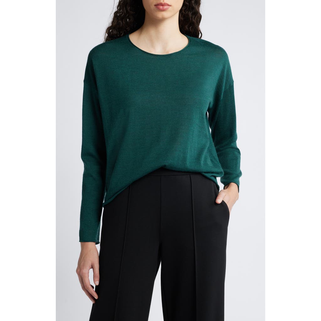 Eileen Fisher Crewneck Merino Wool Pullover In Green