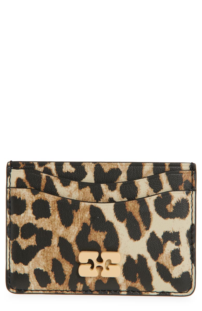 Ganni Leopard Print Leather Card Case, Main, color, Leopard