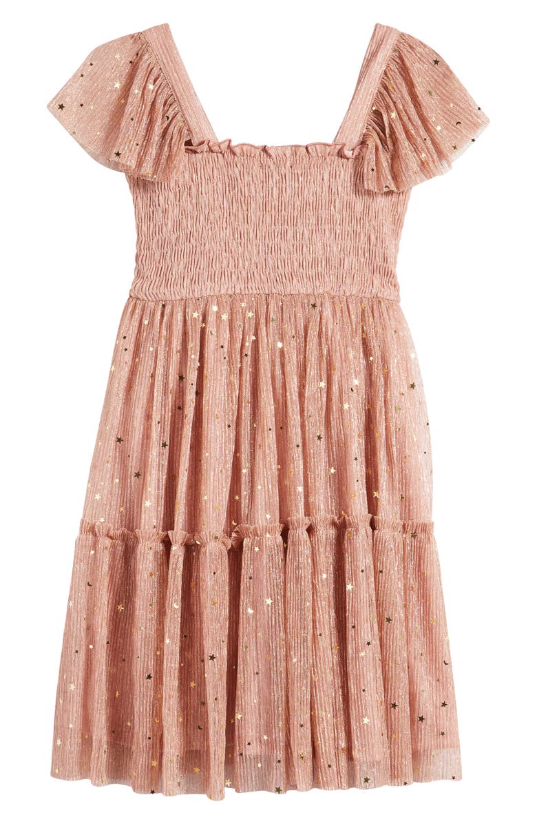 Zunie Kids' Smocked Bodice Sparkle Star Dress, Alternate, color, Dusty Rose