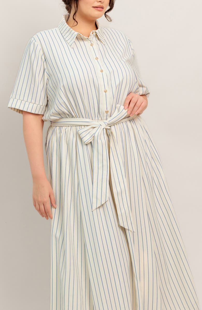 FLYING TOMATO Stripe Tie Waist Midi Dress, Alternate, color, Ivory/ Blue