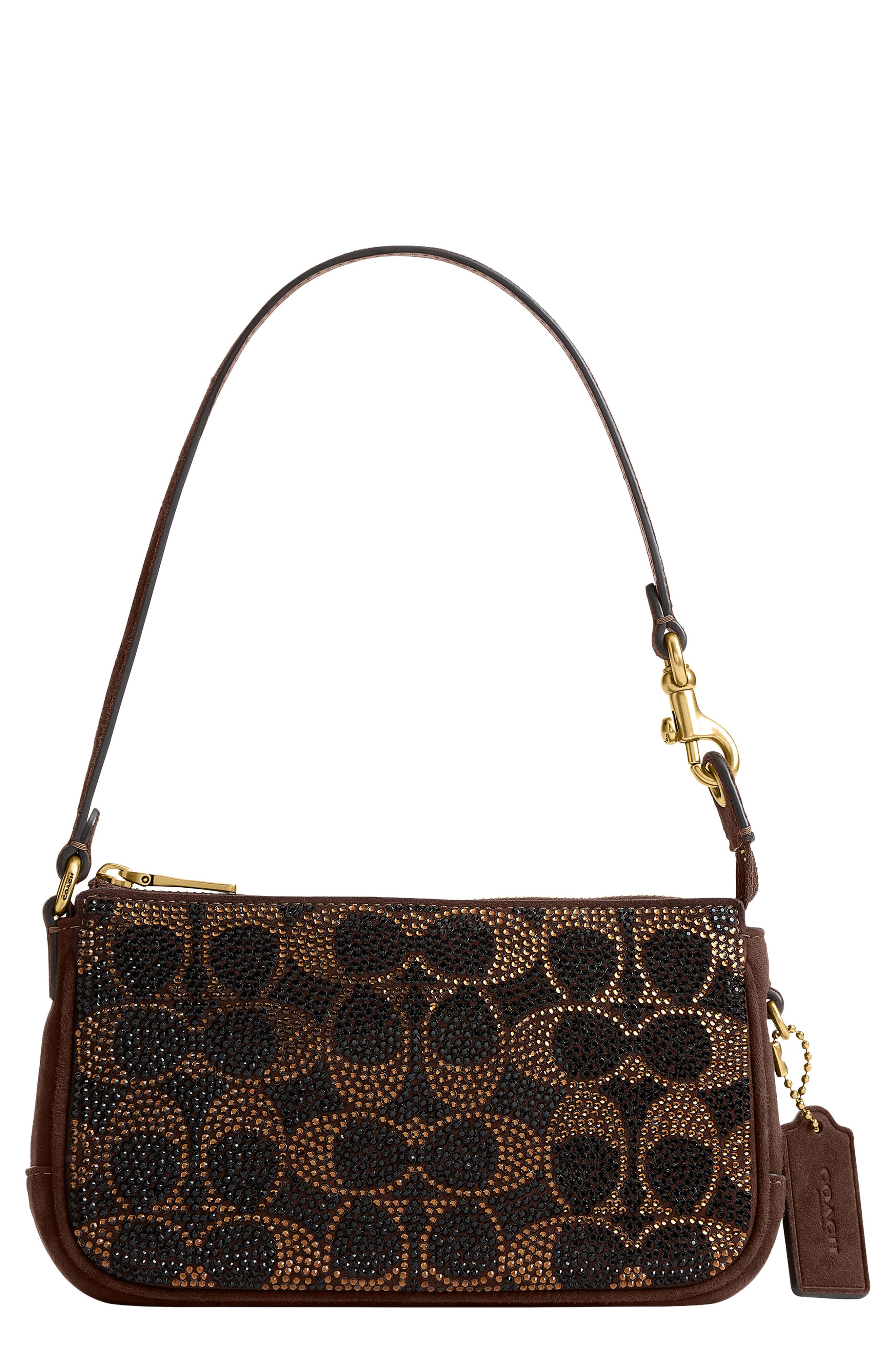 Plaza 18 Crystal Signature Suede Shoulder Bag, Main, color, B4/ DARK CHOCOLATE