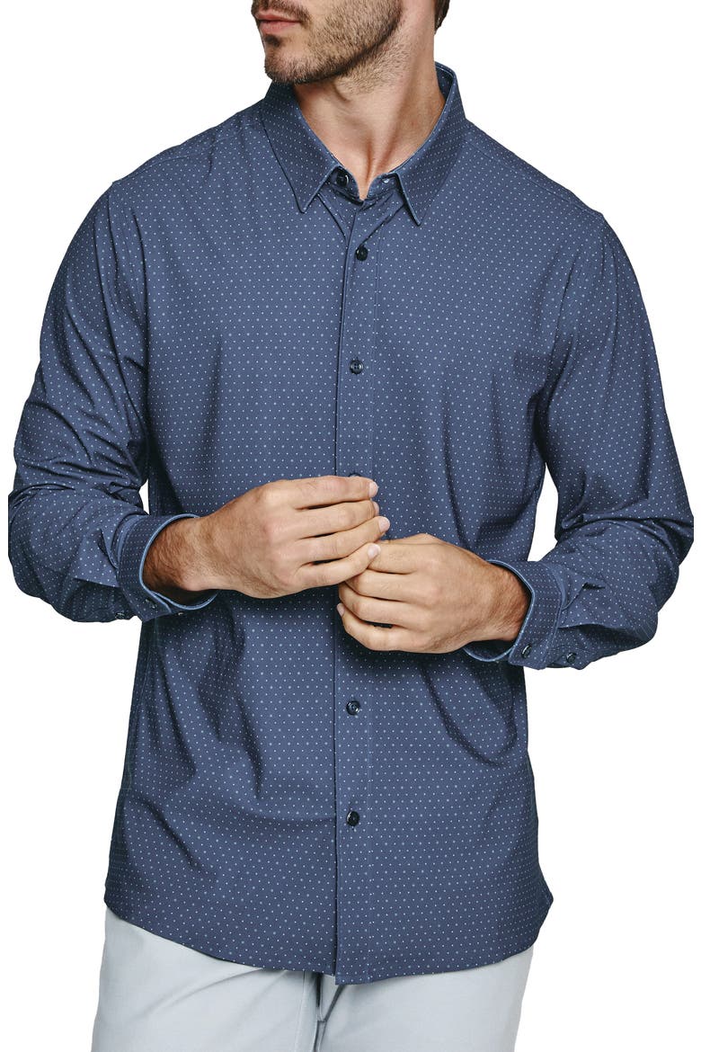 Anton Dot Print Performance Button-Up Shirt, Main, color, NAVY